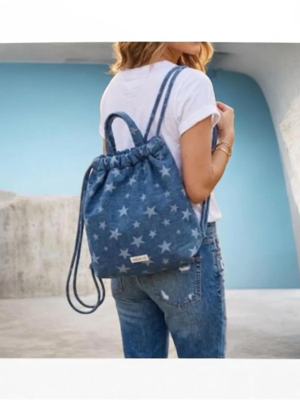 Wildfox Blue Star-Print Denim Drawstring Backpack